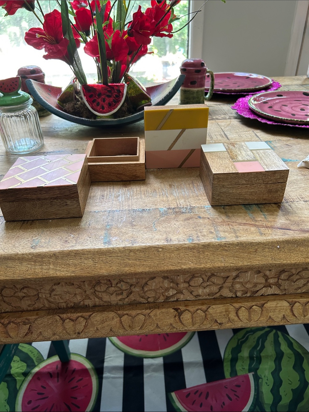 Set of 3 Decorative Wooden Trinket Boxes - Pink, Yellow, White Accent